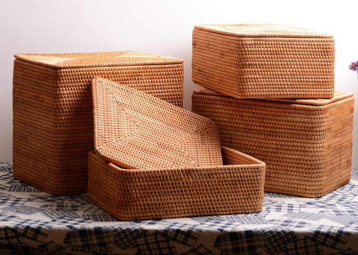 Woven Rectangular Storage Baskets, Rattan Storage Basket with Lid, Storage  Baskets for Clothes, Extra Large Storage Baskets for Shelves