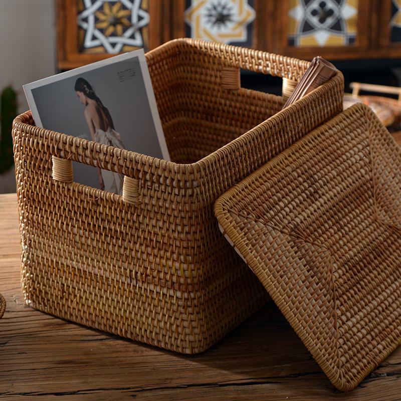 Handwoven Rattan Storage Basket Set Wicker Rectangular Basket for
