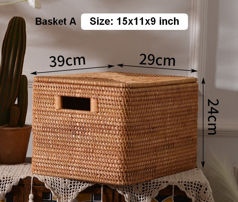 Large Rectangular Storage Basket with Lid, Rattan Storage Case