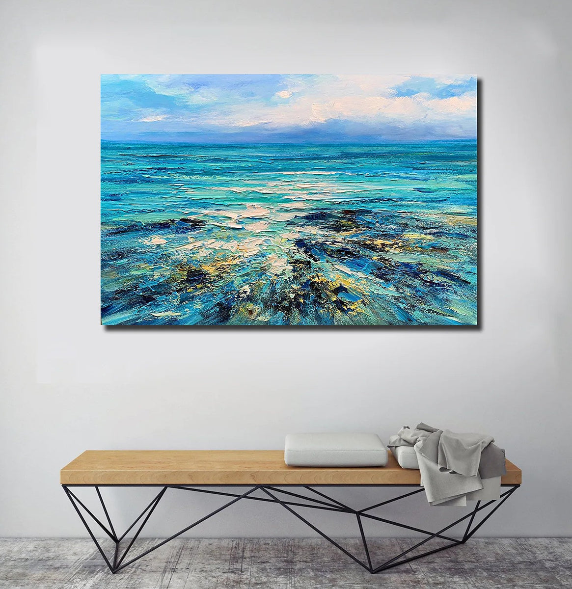 Blue Big Sea Wave Seascape Oil Painting on Canvas, Large Original Ocean Beach Landscape Acrylic Painting, Living high quality Room Wall Art Home Decor