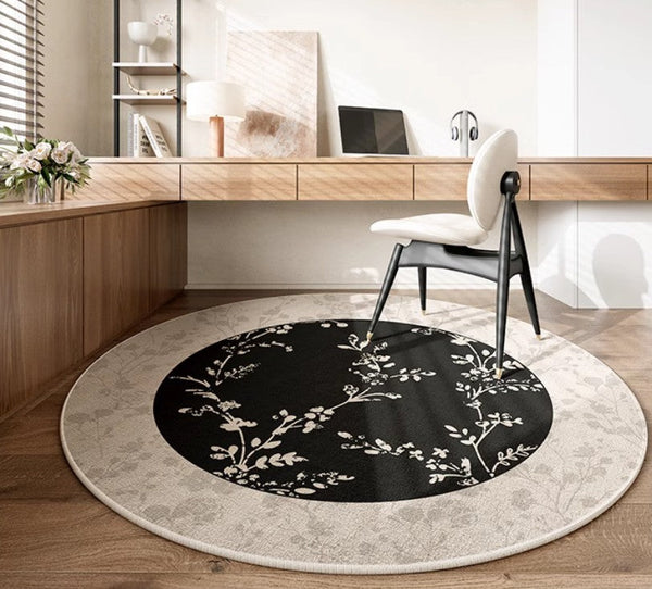 Contemporary Round Rugs for Dining Room, Flower Pattern Round Carpets under Coffee Table, Circular Modern Rugs for Living Room, Modern Area Rugs for Bedroom-Paintingforhome