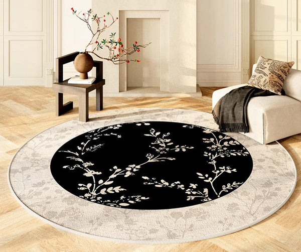 Contemporary Round Rugs for Dining Room, Flower Pattern Round Carpets under Coffee Table, Circular Modern Rugs for Living Room, Modern Area Rugs for Bedroom-Paintingforhome