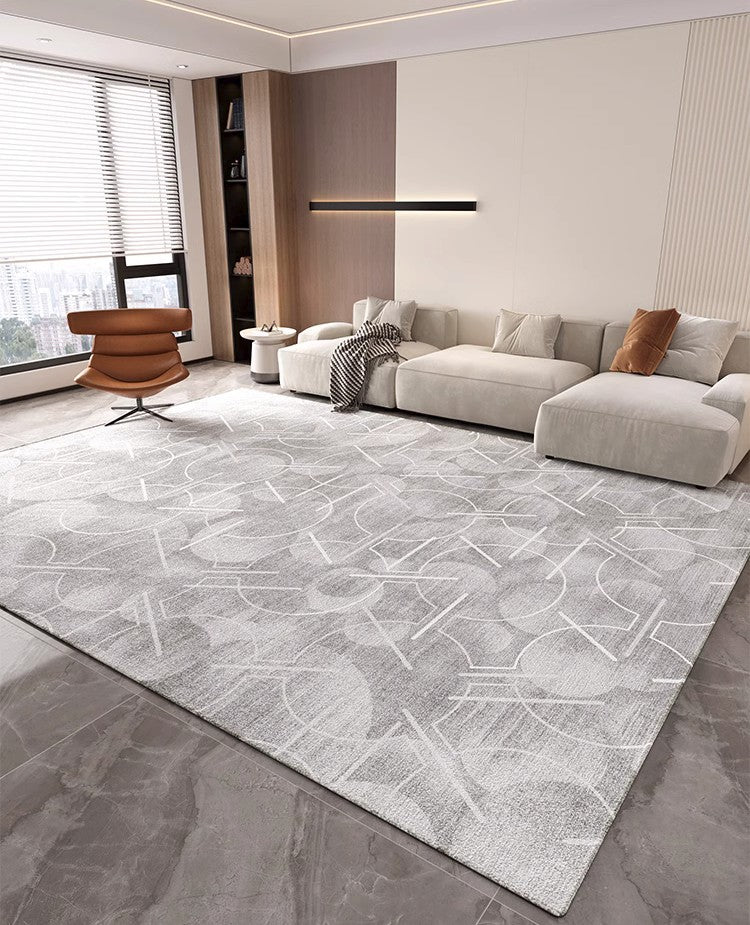 Abstract Gray Contemporary Modern Rugs for Living Room, Extra Large Modern Rugs for Bedroom, Geometric Modern Rug Placement Ideas for Dining Room-Paintingforhome