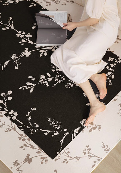 Contemporary Floor Carpets for Living Room, Large Modern Rugs for Sale, Dining Room Modern Rugs, Black Flower Pattern Geometric Modern Rugs in Bedroom-Paintingforhome