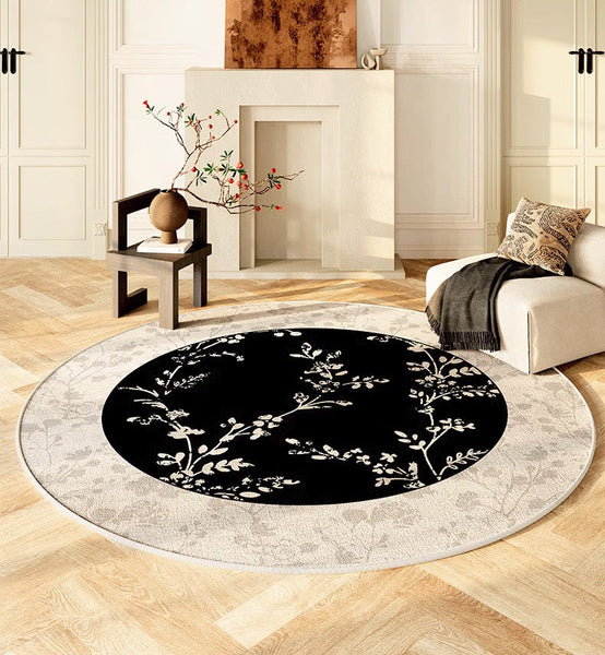 Contemporary Round Rugs for Dining Room, Flower Pattern Round Carpets under Coffee Table, Circular Modern Rugs for Living Room, Modern Area Rugs for Bedroom-Paintingforhome