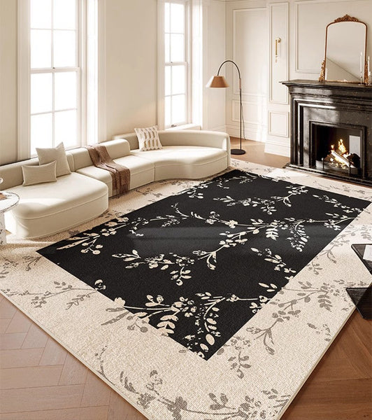 Contemporary Floor Carpets for Living Room, Large Modern Rugs for Sale, Dining Room Modern Rugs, Black Flower Pattern Geometric Modern Rugs in Bedroom-Paintingforhome