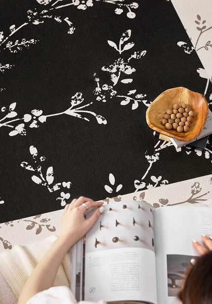 Contemporary Floor Carpets for Living Room, Large Modern Rugs for Sale, Dining Room Modern Rugs, Black Flower Pattern Geometric Modern Rugs in Bedroom-Paintingforhome