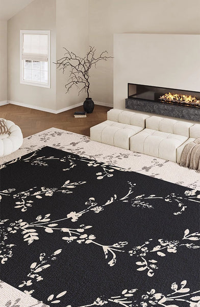 Contemporary Floor Carpets for Living Room, Large Modern Rugs for Sale, Dining Room Modern Rugs, Black Flower Pattern Geometric Modern Rugs in Bedroom-Paintingforhome