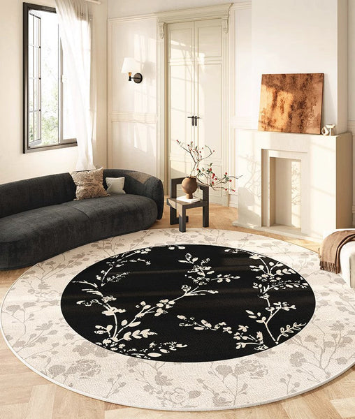 Contemporary Round Rugs for Dining Room, Flower Pattern Round Carpets under Coffee Table, Circular Modern Rugs for Living Room, Modern Area Rugs for Bedroom-Paintingforhome