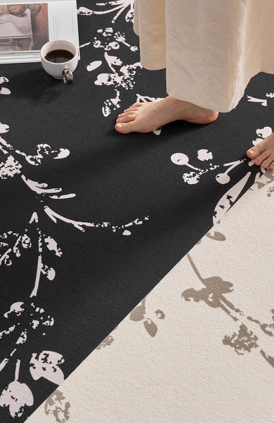 Contemporary Floor Carpets for Living Room, Large Modern Rugs for Sale, Dining Room Modern Rugs, Black Flower Pattern Geometric Modern Rugs in Bedroom-Paintingforhome