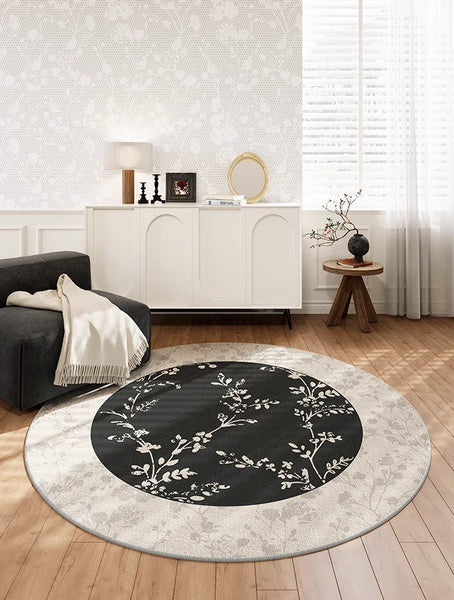 Contemporary Round Rugs for Dining Room, Flower Pattern Round Carpets under Coffee Table, Circular Modern Rugs for Living Room, Modern Area Rugs for Bedroom-Paintingforhome