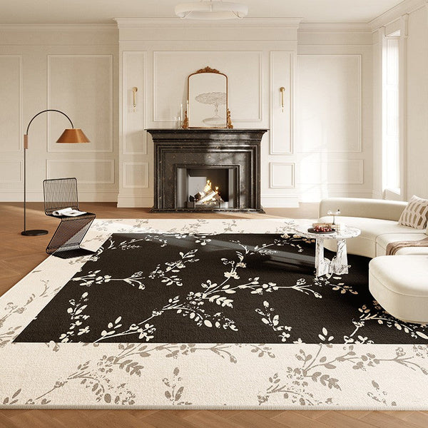 Contemporary Floor Carpets for Living Room, Large Modern Rugs for Sale, Dining Room Modern Rugs, Black Flower Pattern Geometric Modern Rugs in Bedroom-Paintingforhome