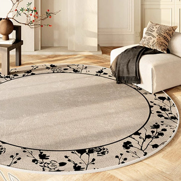 Flower Pattern Round Carpets under Coffee Table, Contemporary Round Rugs for Dining Room, Circular Modern Rugs for Living Room, Modern Area Rugs for Bedroom-Paintingforhome