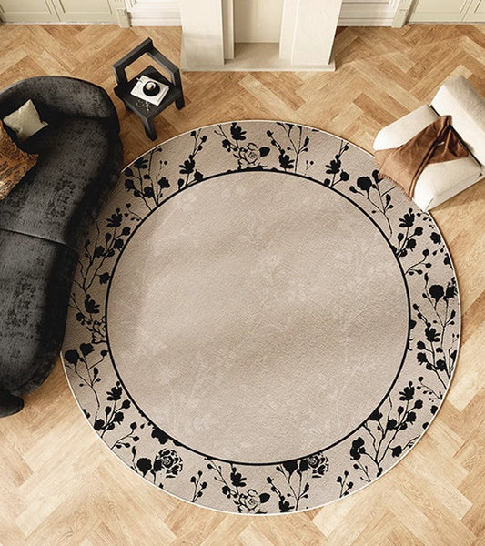 Flower Pattern Round Carpets under Coffee Table, Contemporary Round Rugs for Dining Room, Circular Modern Rugs for Living Room, Modern Area Rugs for Bedroom-Paintingforhome