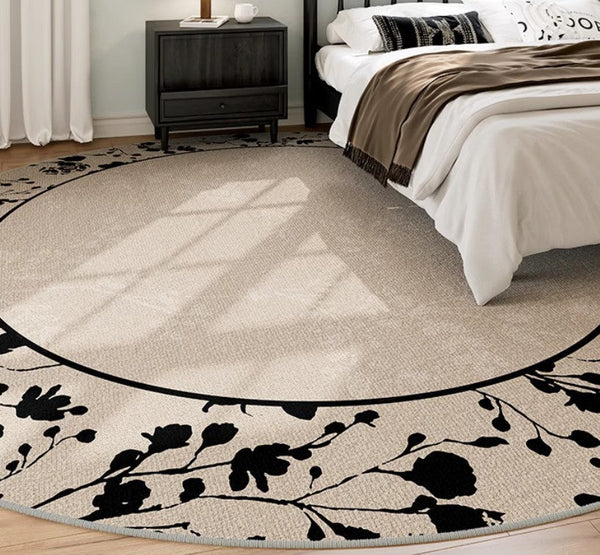 Flower Pattern Round Carpets under Coffee Table, Contemporary Round Rugs for Dining Room, Circular Modern Rugs for Living Room, Modern Area Rugs for Bedroom-Paintingforhome