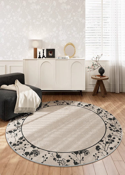 Flower Pattern Round Carpets under Coffee Table, Contemporary Round Rugs for Dining Room, Circular Modern Rugs for Living Room, Modern Area Rugs for Bedroom-Paintingforhome