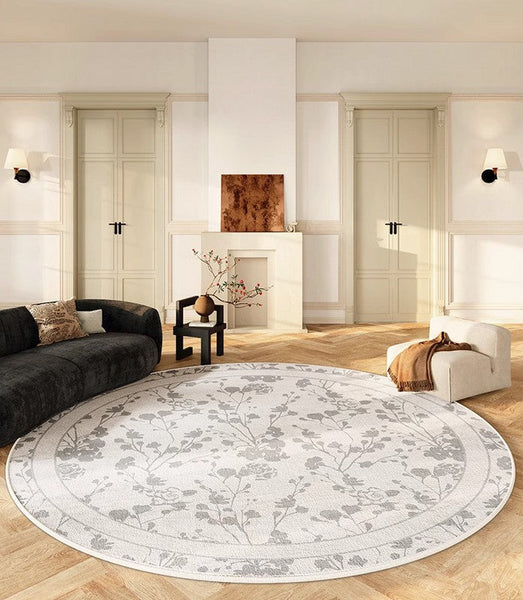 Modern Area Rugs for Bedroom, Flower Pattern Round Carpets under Coffee Table, Contemporary Round Rugs for Dining Room, Circular Modern Rugs for Living Room-Paintingforhome