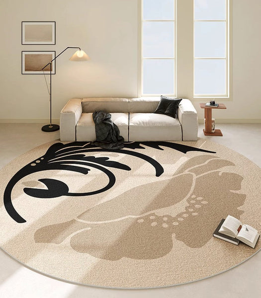 Dining Room Round Rugs, Modern Area Rugs under Coffee Table, Round Modern Rugs, Flower Pattern Abstract Contemporary Area Rugs, Modern Rugs in Bedroom-Paintingforhome