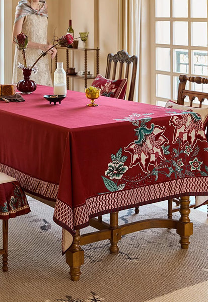 Farmhouse Table Cloth, Dining Room Flower Table Cloths, Extra Large Rectangular Table Covers for Kitchen, Wedding Tablecloth, Red Square Tablecloth for Round Table-Paintingforhome