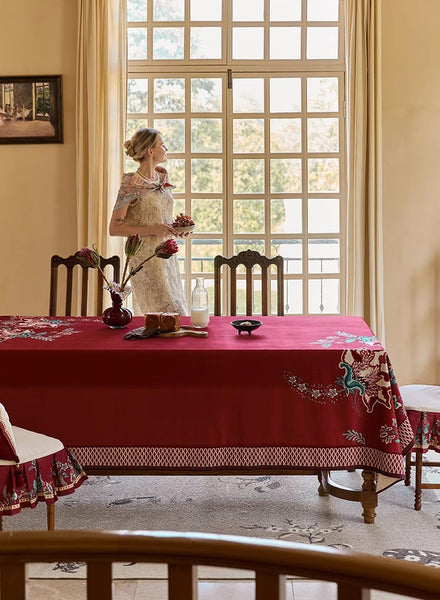 Farmhouse Table Cloth, Dining Room Flower Table Cloths, Extra Large Rectangular Table Covers for Kitchen, Wedding Tablecloth, Red Square Tablecloth for Round Table-Paintingforhome