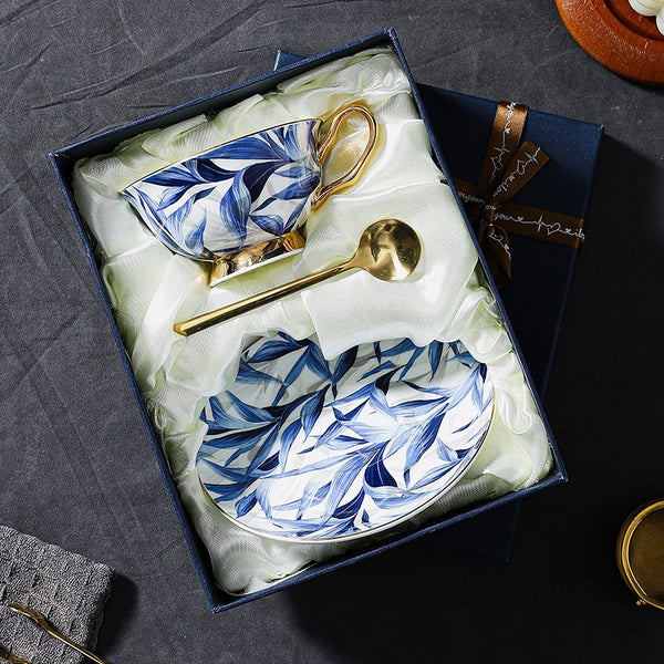 Blue Bone China Porcelain Tea Cup Set, Elegant British Ceramic Coffee Cups, Unique British Tea Cup and Saucer in Gift Box-Paintingforhome