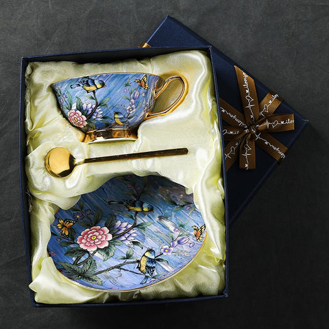 Unique British Tea Cup and Saucer in Gift Box, Blue Bird and Butterfly Bone China Porcelain Tea Cup Set, Elegant British Ceramic Coffee Cups-Paintingforhome