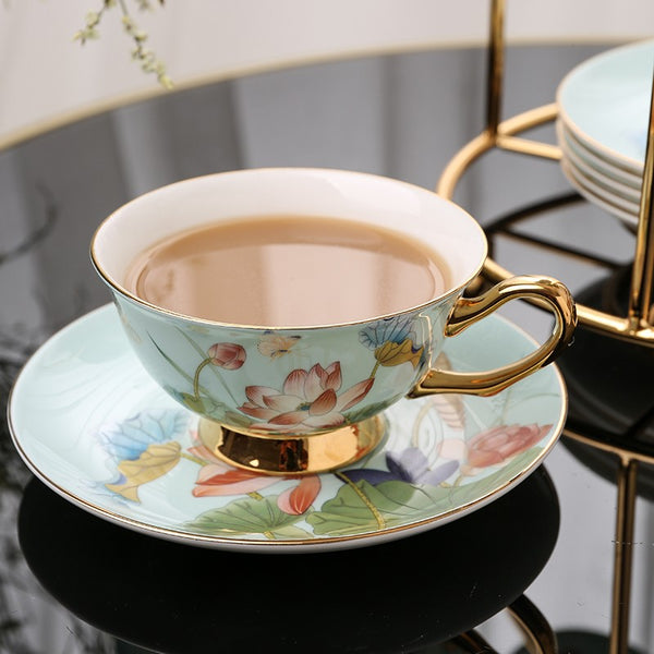 Lotus Flower Bone China Porcelain Tea Cup Set, Unique British Tea Cup and Saucer in Gift Box, Elegant British Ceramic Coffee Cups-Paintingforhome