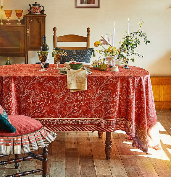 Red Christmas Flower Pattern Tablecloth for Oval Table, Large Modern Rectangle Tablecloth for Dining Room Table, Square Table Covers for Kitchen, Farmhouse Table Cloth for Round Table-Paintingforhome