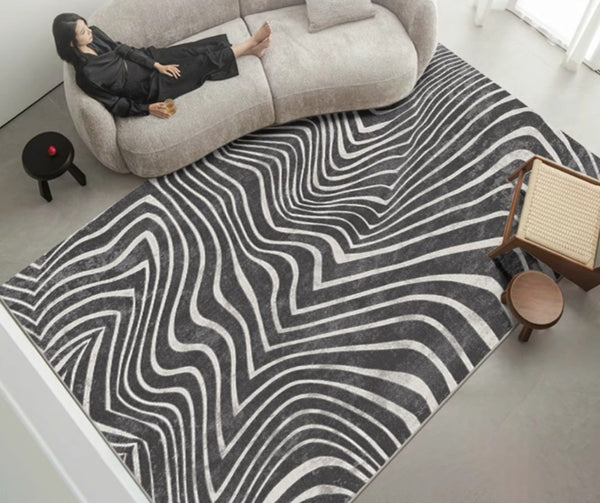 Abstract Contemporary Rugs for Bedroom, Black Stripe Area Rugs under Sofa, Mid Century Area Rugs for Living Room, Modern Carpets for Office, Dining Room Floor Rugs-Paintingforhome