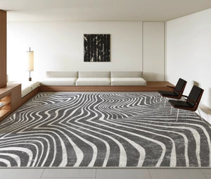 Abstract Contemporary Rugs for Bedroom, Black Stripe Area Rugs under Sofa, Mid Century Area Rugs for Living Room, Modern Carpets for Office, Dining Room Floor Rugs-Paintingforhome