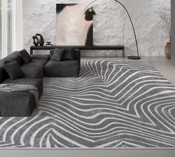 Abstract Contemporary Rugs for Bedroom, Black Stripe Area Rugs under Sofa, Mid Century Area Rugs for Living Room, Modern Carpets for Office, Dining Room Floor Rugs-Paintingforhome