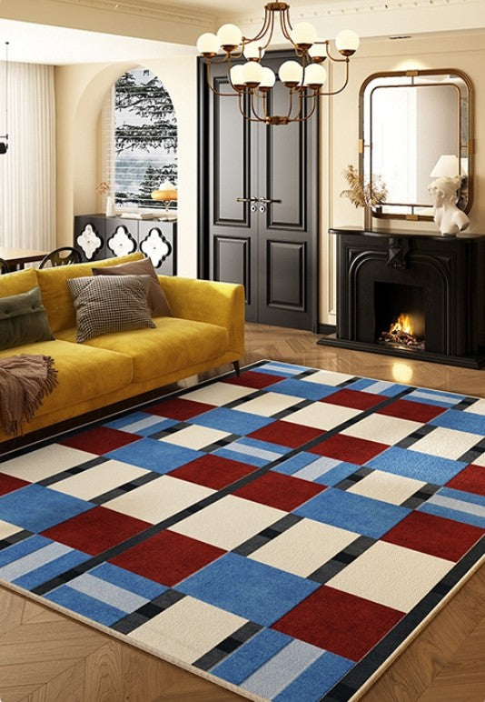 Geometric Modern Rugs for Dining Room, Mid Century Modern Living Room Rugs, Blue Contemporary Area Rugs for Bedroom, Dining Room Floor Carpets-Paintingforhome