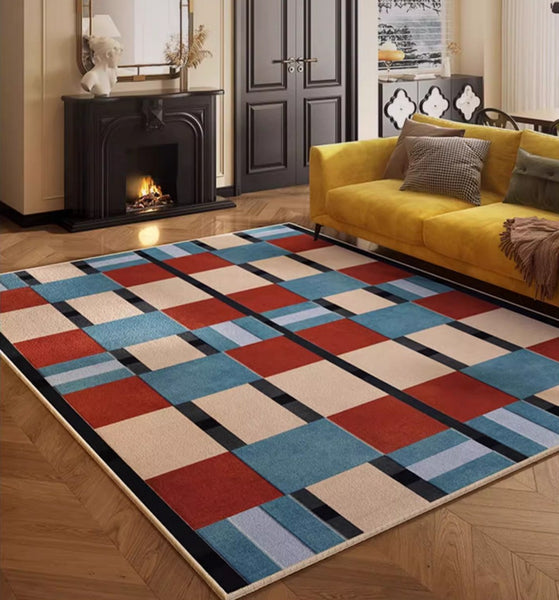 Large Geometric Floor Carpets, Blue Modern Area Rugs under Dining Room Table, Modern Living Room Area Rugs, Mid Century Modern Rugs-Paintingforhome