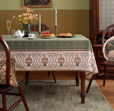 Rectangle Table Cover Ideas for Dining Table, Square Tablecloth for Round Table, Green Flower Pattern Table Cover for Kitchen, Outdoor Picnic Tablecloth-Paintingforhome