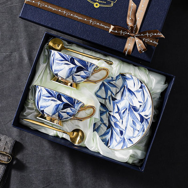 Blue Bone China Porcelain Tea Cup Set, Elegant British Ceramic Coffee Cups, Unique British Tea Cup and Saucer in Gift Box-Paintingforhome