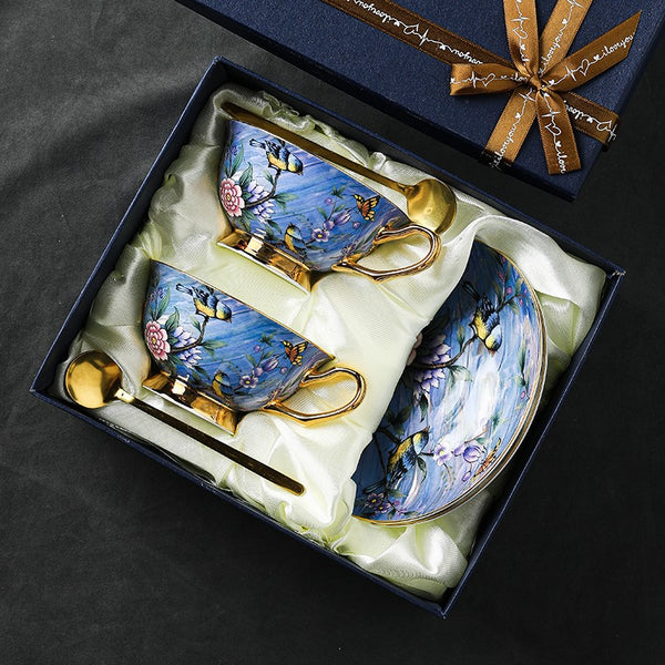 Unique British Tea Cup and Saucer in Gift Box, Blue Bird and Butterfly Bone China Porcelain Tea Cup Set, Elegant British Ceramic Coffee Cups-Paintingforhome