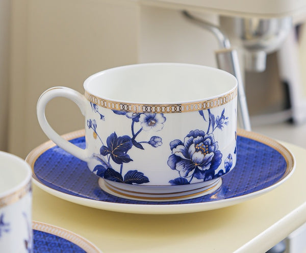 Elegant Blue Flower Ceramic Cups, Creative Bone China Porcelain Tea Cup Set, Unique Royal Coffee Cup and Saucer, Beautiful Flower British Tea Cups-Paintingforhome