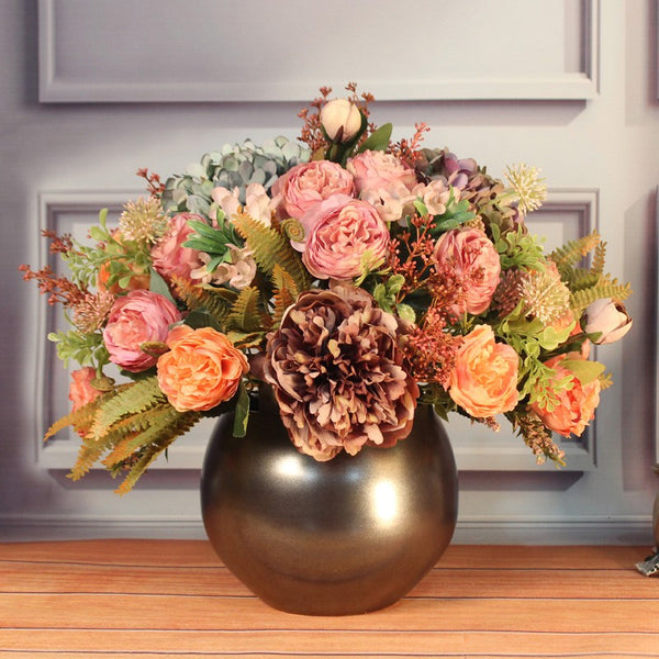 Unique Artificial Floral Arrangement for Dining Room, Large Bunch of Autumn Flowers Arrangement Interior Design, Peony Faux Silk Floral Bouquet Table Centerpiece-Paintingforhome