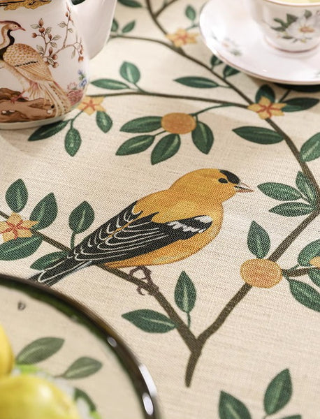 Rectangle Tablecloth for Dining Table, Oriole and Golden Orange Tree Table Cover, Extra Large Modern Tablecloth, Square Linen Tablecloth for Coffee Table-Paintingforhome