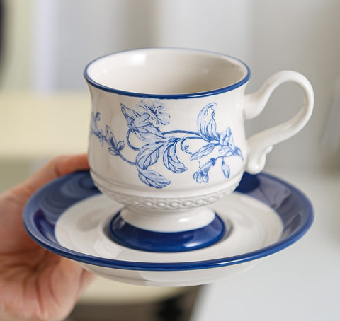 Creative Blue Coffee Cup and Saucer, Elegant Ceramic Cups for Afternoon Tea, Creative Porcelain Tea Cup Set, Beautiful British Tea Cups-Paintingforhome