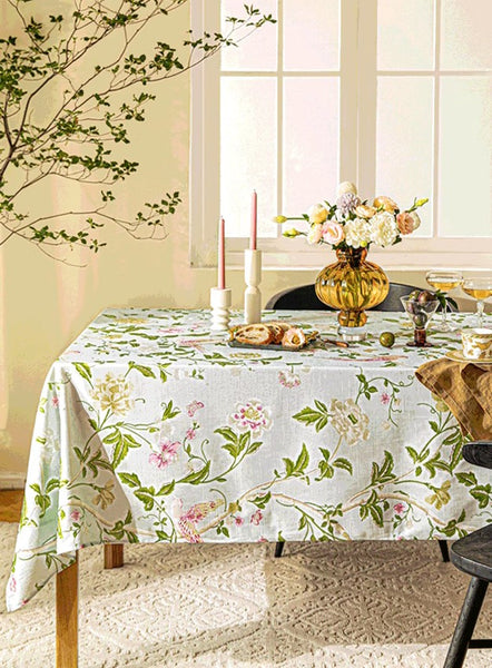 Singing Bird Tablecloth for Round Table, Kitchen Table Cover, Flower Table Cover for Dining Room Table, Modern Rectangle Tablecloth Ideas for Oval Table-Paintingforhome