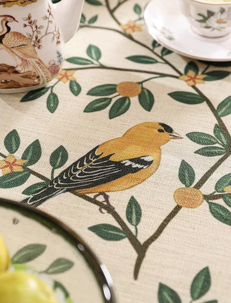 Oriole and Golden Orange Tree Table Cover, Extra Large Modern Tablecloth, Rectangle Tablecloth for Dining Table, Square Linen Tablecloth for Coffee Table-Paintingforhome