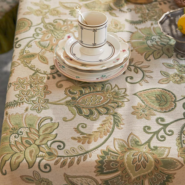 Long Rectangular Tablecloth for Round Table, Extra Large Modern Tablecloth Ideas for Dining Room Table, Green Flower Pattern Table Cover for Kitchen, Outdoor Picnic Tablecloth-Paintingforhome