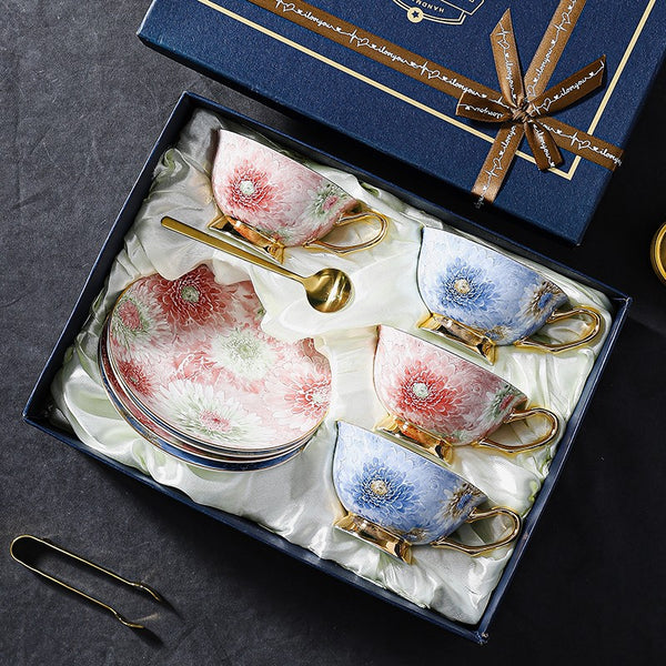 Blue and Pink Beautiful British Tea Cups, Elegant Ceramic Coffee Cups, Creative Bone China Porcelain Tea Cup Set, Unique Tea Cups and Saucers in Gift Box-Paintingforhome