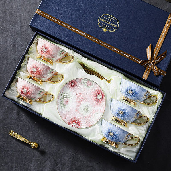 Blue and Pink Beautiful British Tea Cups, Elegant Ceramic Coffee Cups, Creative Bone China Porcelain Tea Cup Set, Unique Tea Cups and Saucers in Gift Box-Paintingforhome