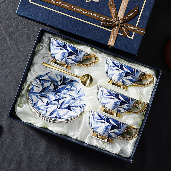 Blue Bone China Porcelain Tea Cup Set, Elegant British Ceramic Coffee Cups, Unique British Tea Cup and Saucer in Gift Box-Paintingforhome