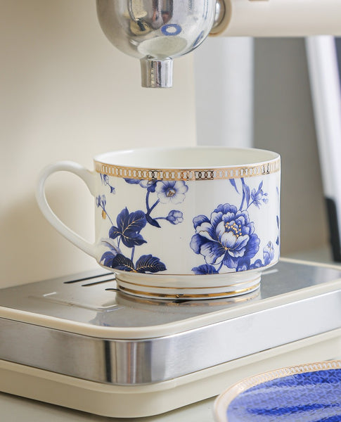 Elegant Blue Flower Ceramic Cups, Creative Bone China Porcelain Tea Cup Set, Unique Royal Coffee Cup and Saucer, Beautiful Flower British Tea Cups-Paintingforhome