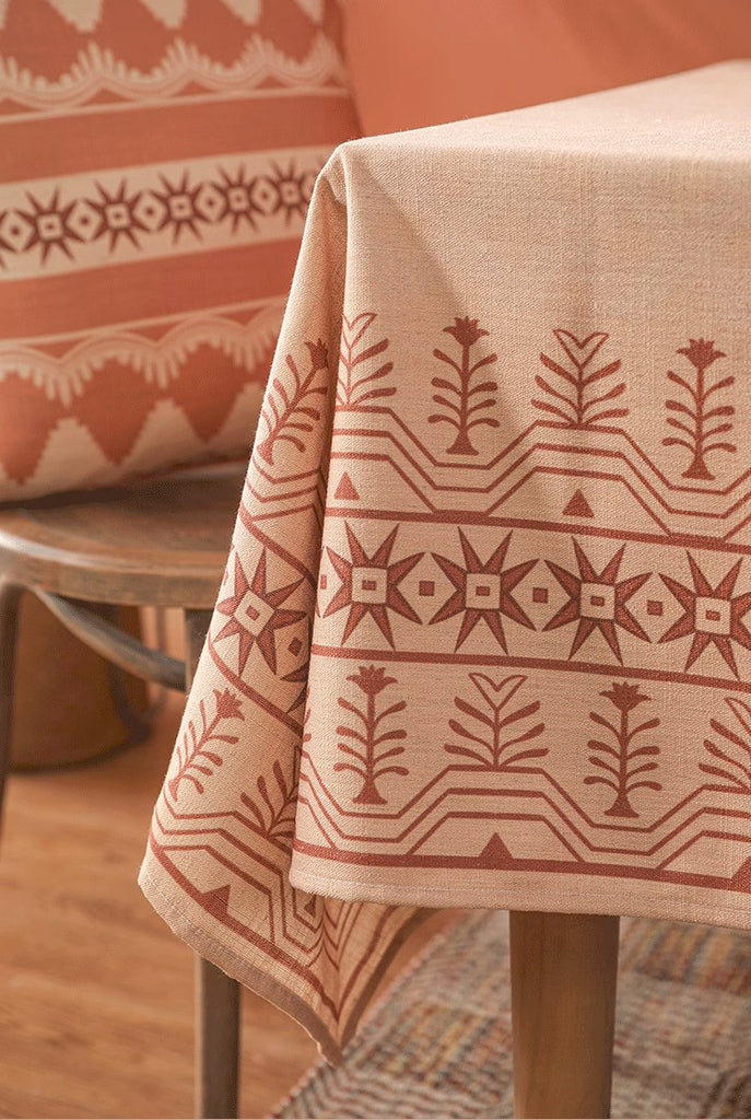 Geometric Linen Tablecloth for Round Table, Rustic Farmhouse Table