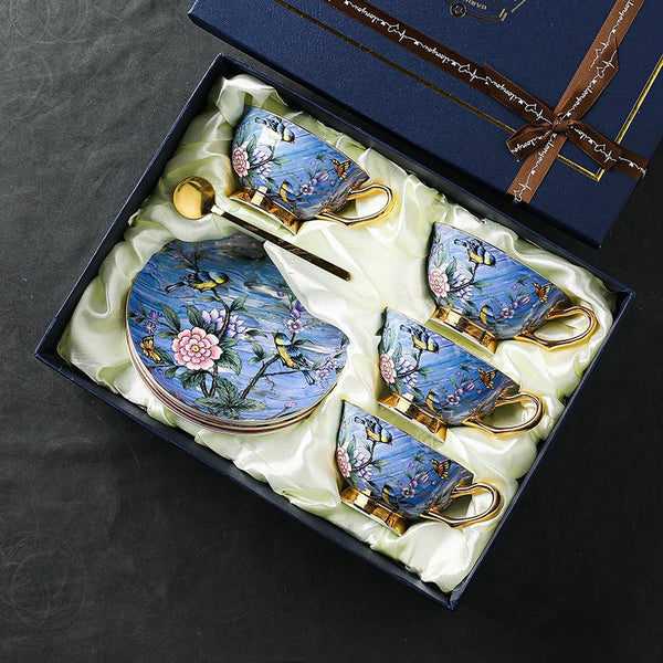 Unique British Tea Cup and Saucer in Gift Box, Blue Bird and Butterfly Bone China Porcelain Tea Cup Set, Elegant British Ceramic Coffee Cups-Paintingforhome