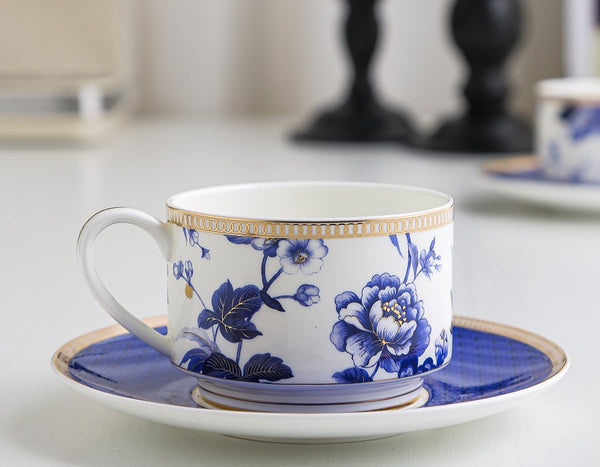 Elegant Blue Flower Ceramic Cups, Creative Bone China Porcelain Tea Cup Set, Unique Royal Coffee Cup and Saucer, Beautiful Flower British Tea Cups-Paintingforhome